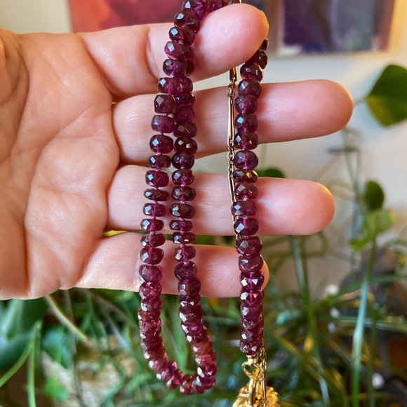 Rhodolite Garnet Hand Strung Gem Necklace With Gold Filled Antique Watch Chain - Picture 14 of 17